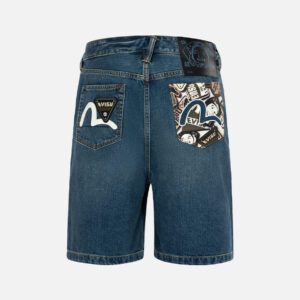 Allover Godhead Print and Seagull Embroidery Relax Fit Denim Shorts